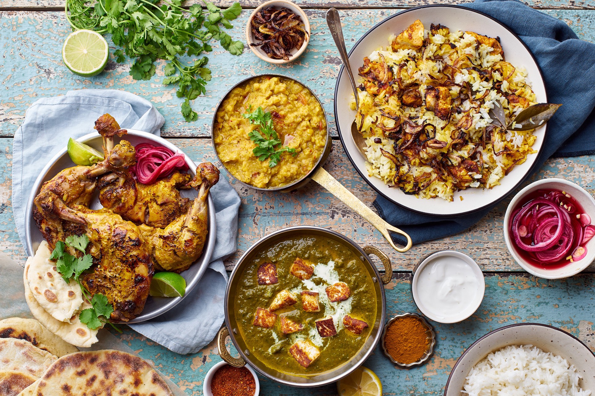 Indian cuisine dinner: tandoori chicken, biryani