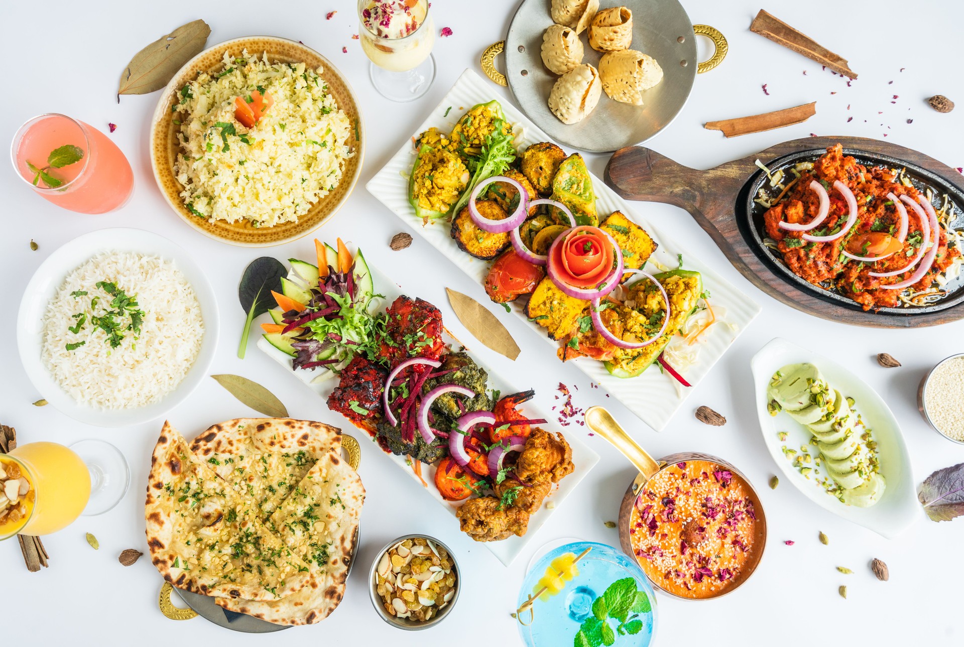 Table top view of Indian food.